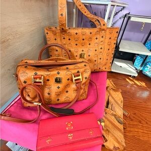MCM Tan and Red Tote and Wallet Set